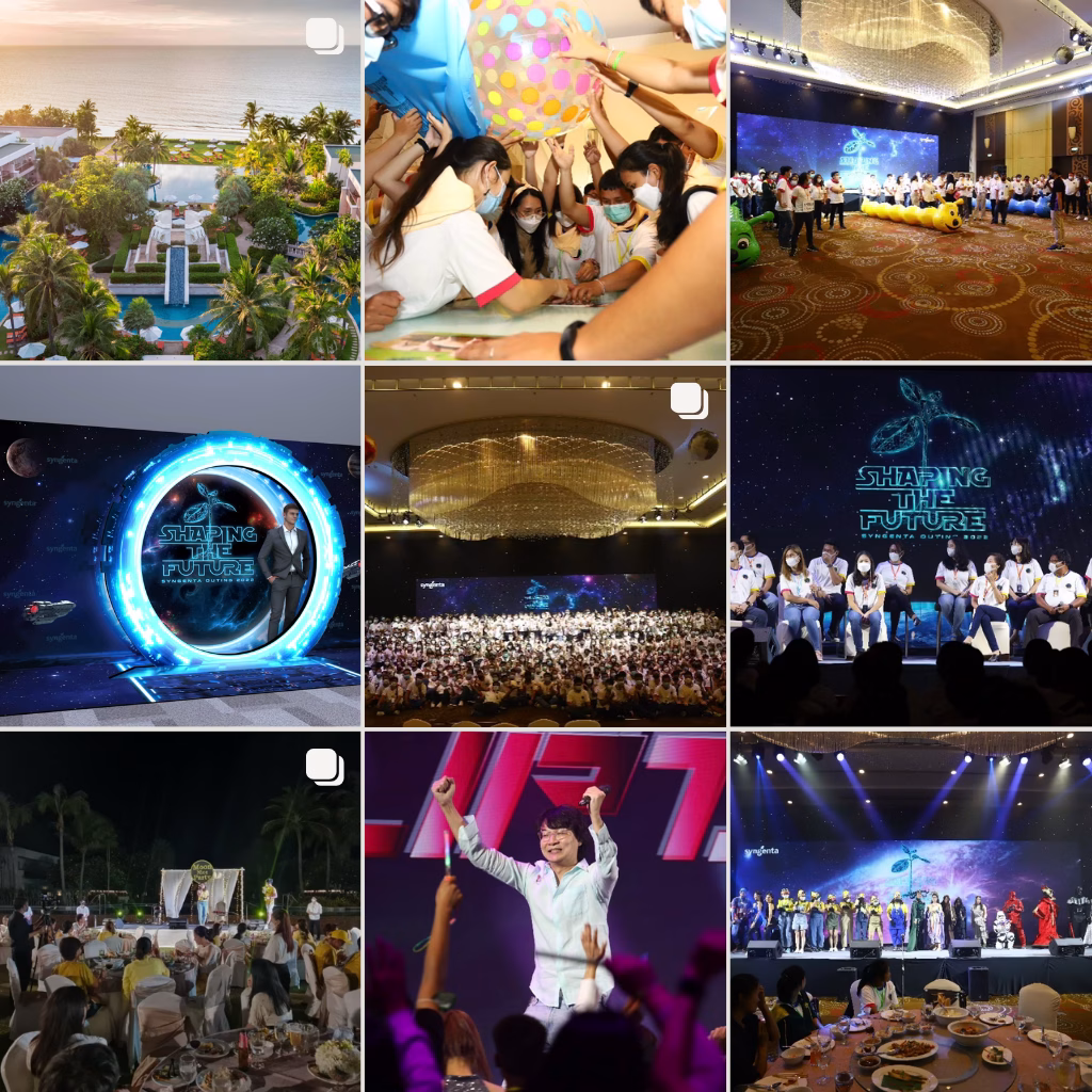 ภาพคอลลาจ 9 ช่องสรุปงานประชุม Shaping the Future Conference แสดงบรรยากาศหลากหลายตั้งแต่ภาพรวมรีสอร์ท, กิจกรรม team building, การประชุมบนเวที, ไปจนถึงคอนเสิร์ตจากศิลปินในงานกาลาดินเนอร์