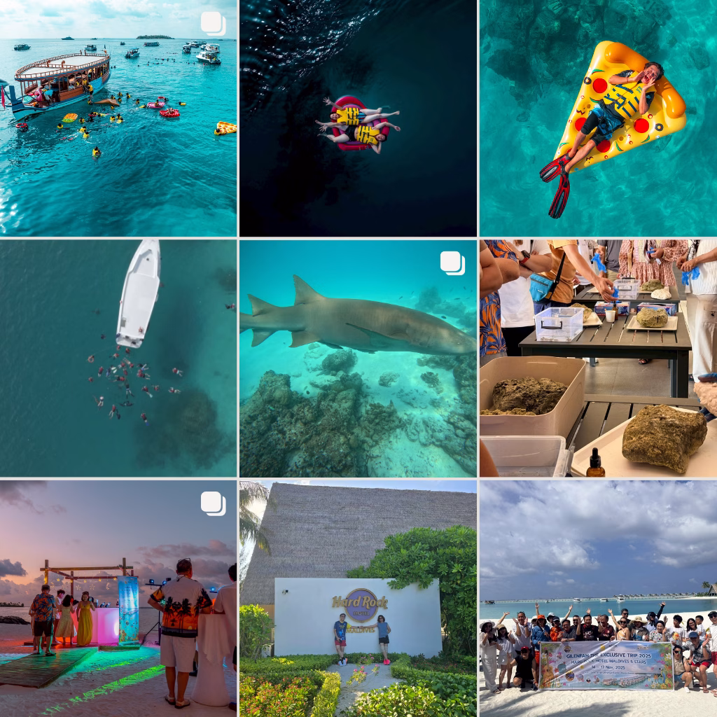 ภาพรวมไฮไลท์กิจกรรมทริปมัลดีฟส์คณะกิเลนฟ้า (Gilenfah) ณ โรงแรม Hard Rock Hotel Maldives ประกอบด้วยภาพกิจกรรมดำน้ำดูฉลามพยาบาล, เวิร์กช็อปปลูกปะการัง, บรรยากาศงานเลี้ยงปาร์ตี้ริมหาดธีม Golden Sand และภาพถ่ายหมู่คณะพร้อมป้ายแบนเนอร์