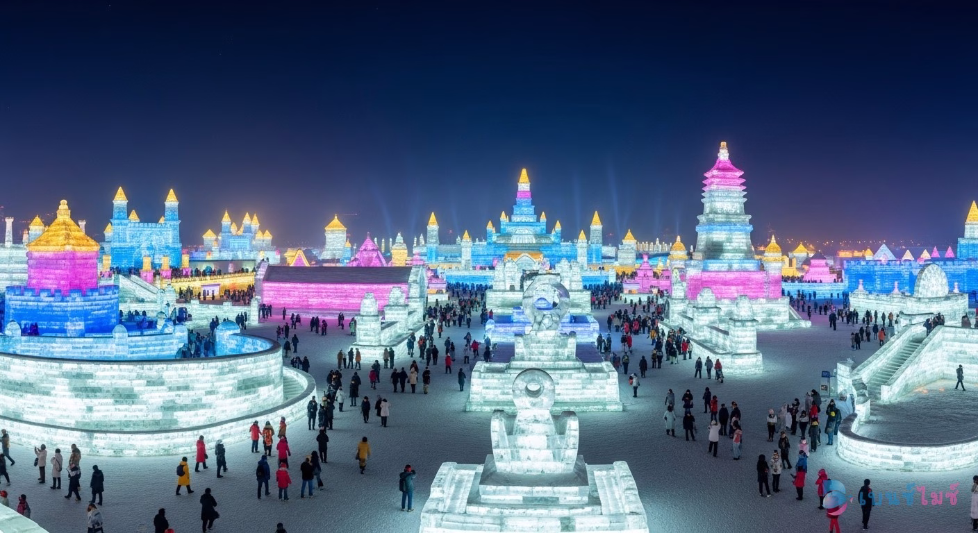 Harbin Ice Festival ประติมากรรมน้ำแข็งยักษ์ยามค่ำคืน
