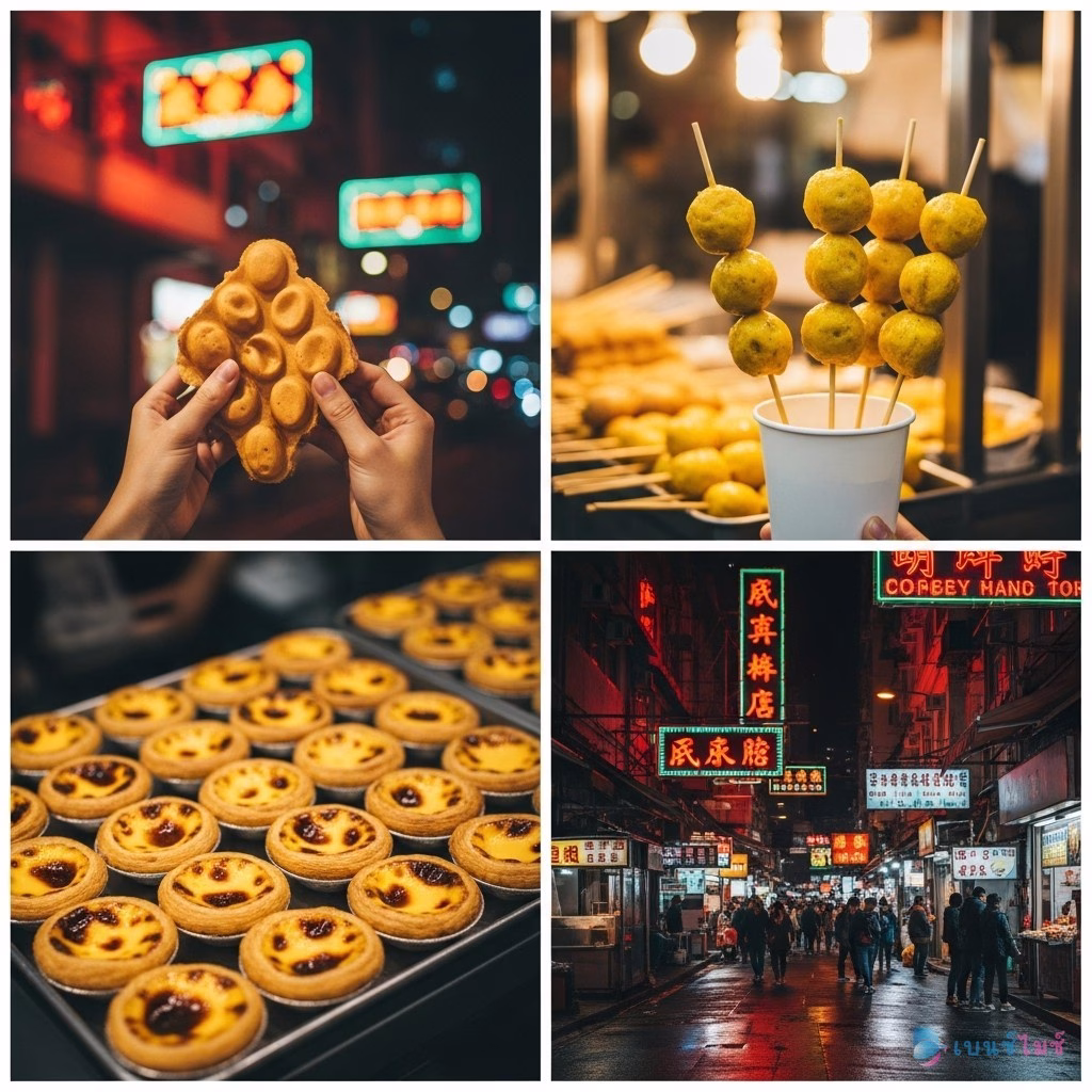 Street Food ฮ่องกง Egg Waffle ลูกชิ้นปลากะหรี่ ทาร์ตไข่ ถนนคนเดิน Mong Kok
