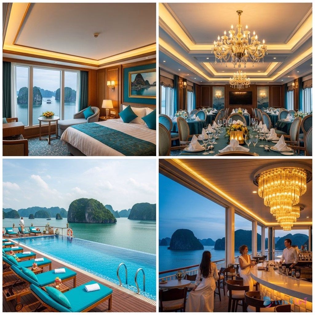 สิ่งอำนวยความสะดวกบนเรือ Cruise Halong Bay ห้องพัก ดาดฟ้า ห้องอาหาร สระว่ายน้ำ