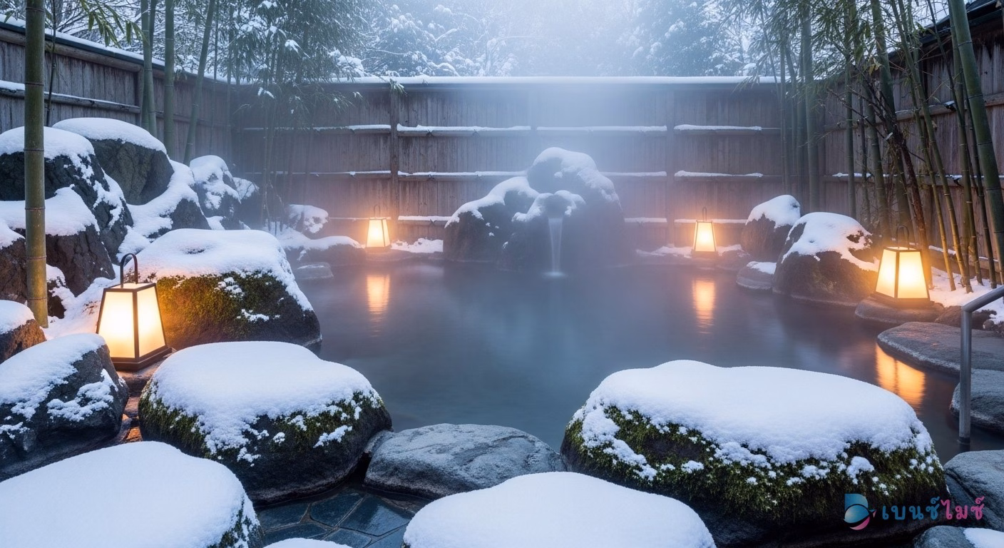 ออนเซ็นกลางแจ้ง หิมะ ญี่ปุ่นฤดูหนาว rotenburo