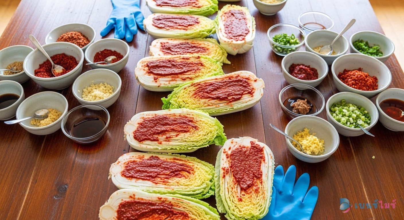 Kimchi Making Workshop โต๊ะเตรียมวัตถุดิบหมักกิมจิพร้อมผักกาดขาวและเครื่องปรุง