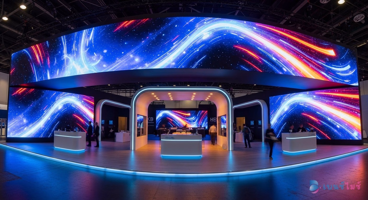 จอ LED Wall ขนาดใหญ่ในบูธงานแสดงสินค้าแสดงกราฟิกเคลื่อนไหว