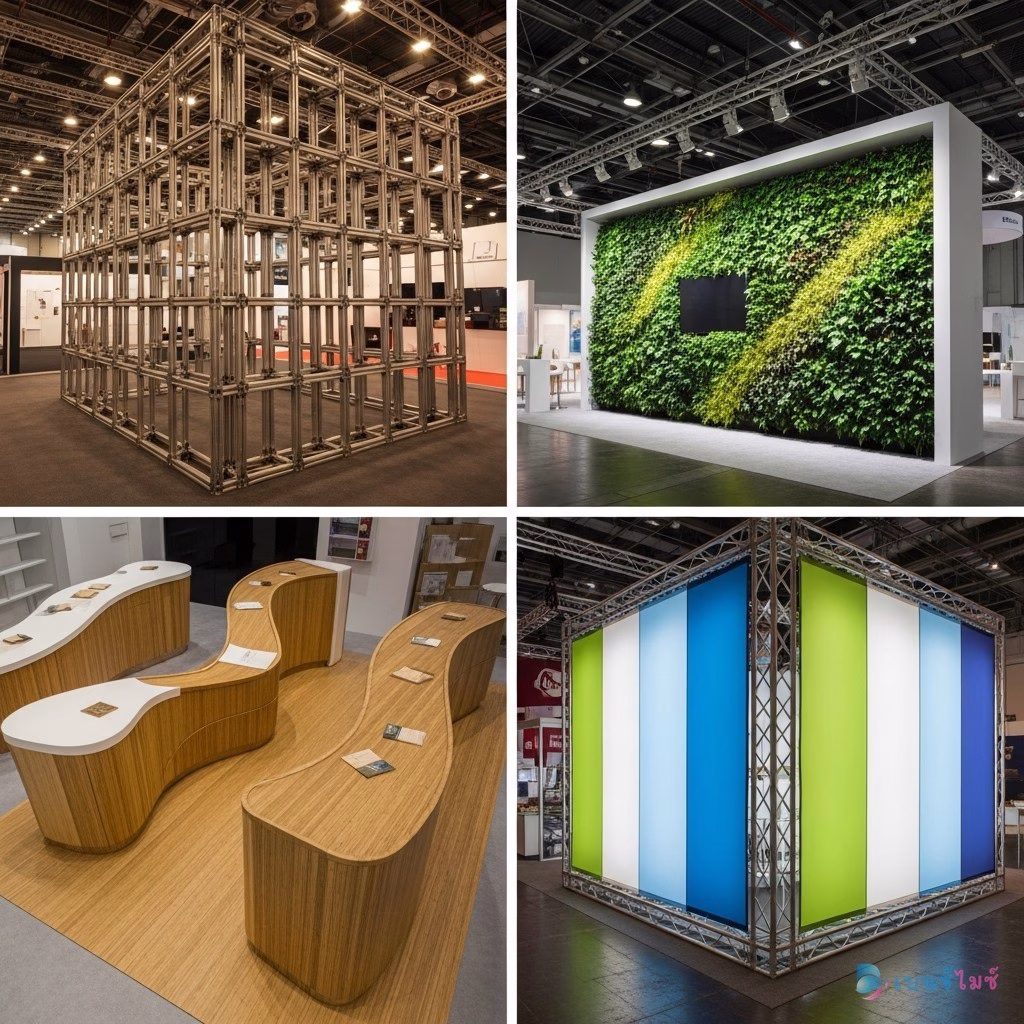 วัสดุออกแบบบูธยั่งยืน โครงอะลูมิเนียมรีไซเคิล ผนังต้นไม้ ไม้ไผ่ และผ้า Tension Fabric